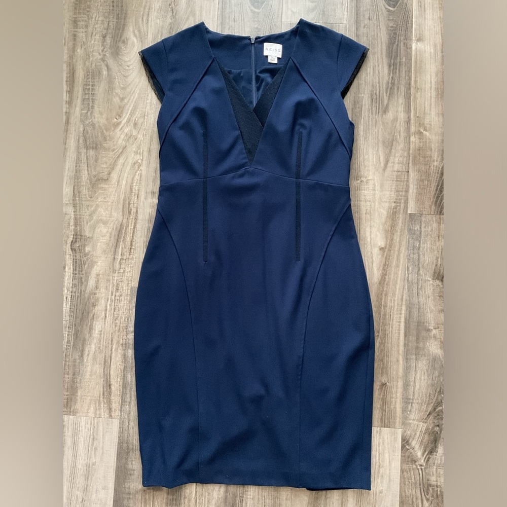 REISS Navy Blue Sheath Dress w/ Black Lace Neckline & Detail Sz US 10 $345